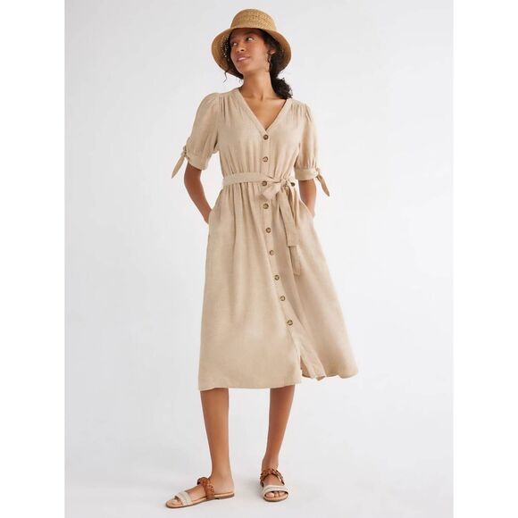 NWT Time and Tru Plus Size XXXL V-Neck Puff Sleeve Linen Blend Midi Dress - Picture 3 of 5